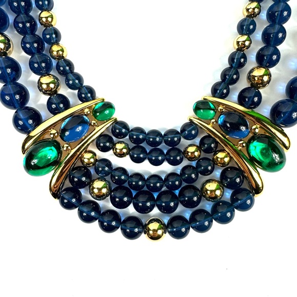 Vintage signed Napier multi-strand statement necklace blue, gold & green beads - Picture 9 of 11